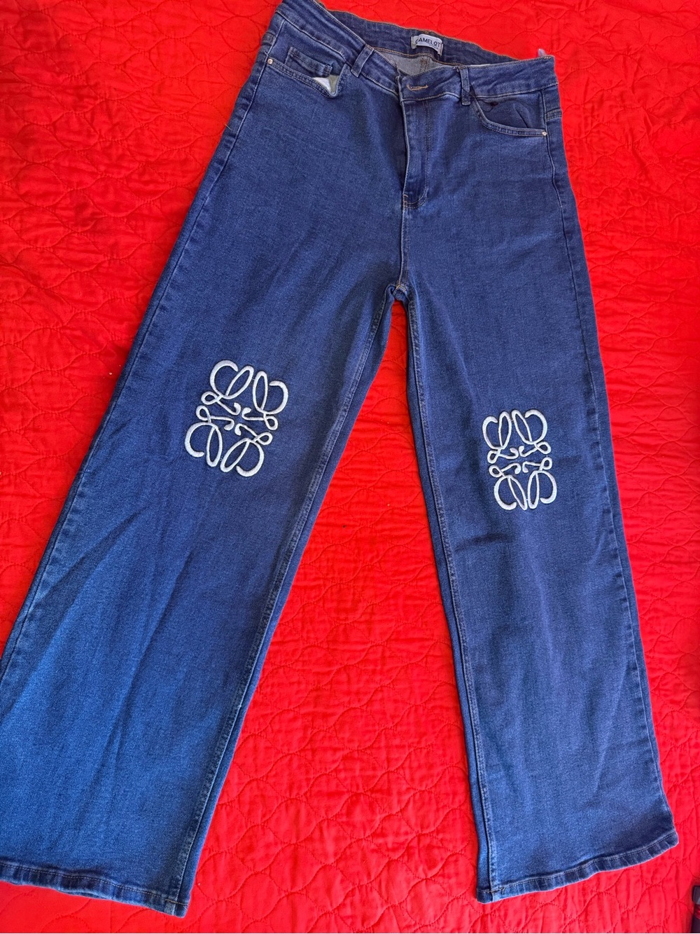 Dark Blue Women's Wide-Leg Jeans with Knee Embroidery